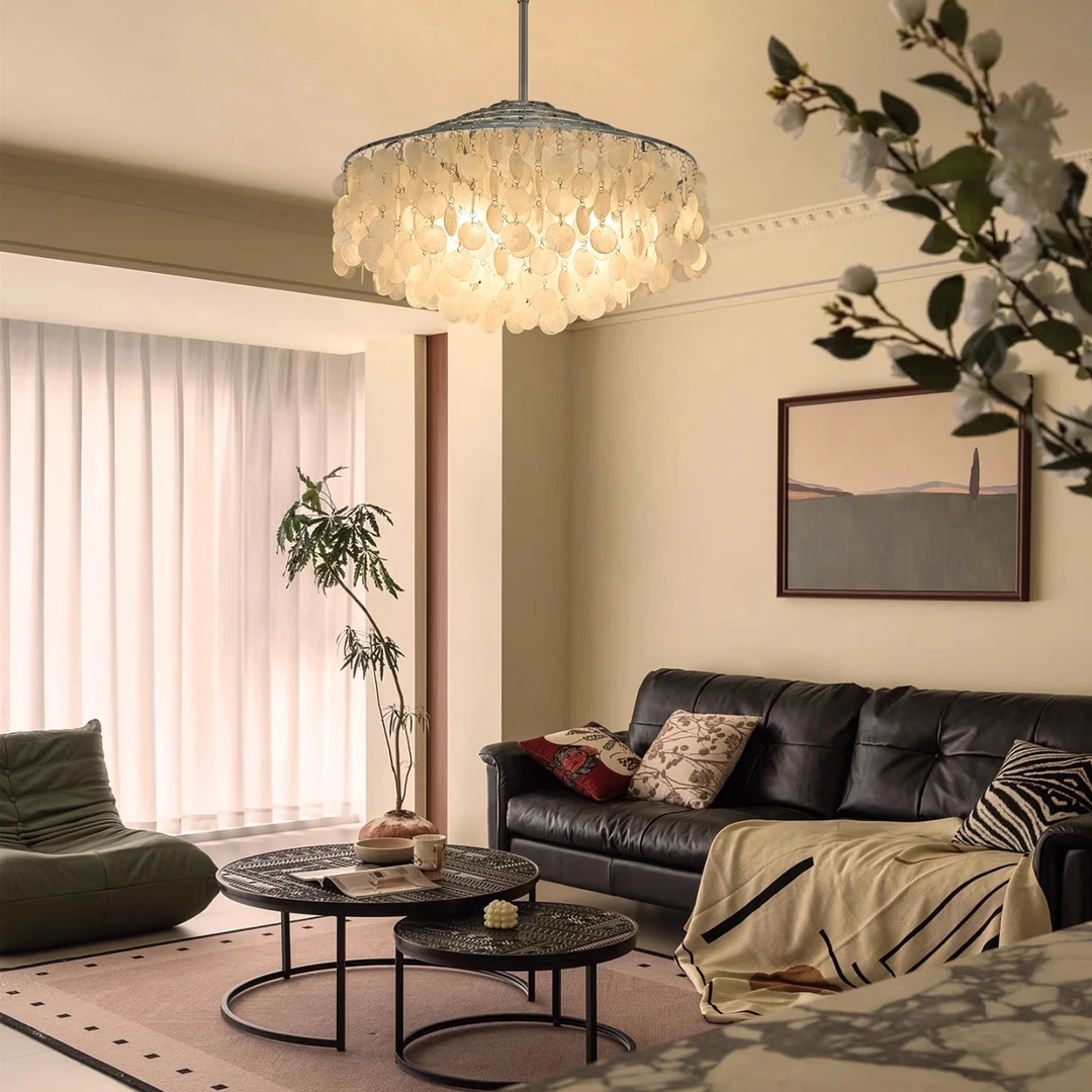 旭呈新款法式奶油风天然贝壳吊灯复古风餐厅客厅灯高级感楼梯灯