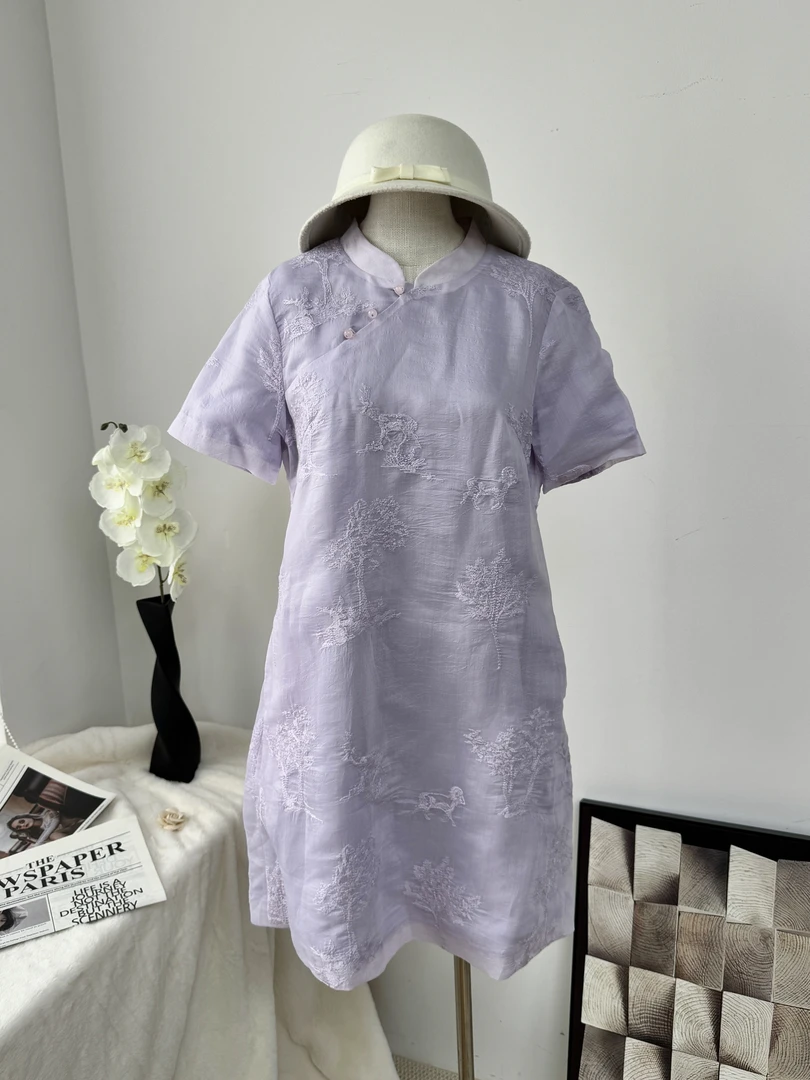 2024高考毕业季年白色夏季新款紫色少女日常茶服中式连衣裙B8736