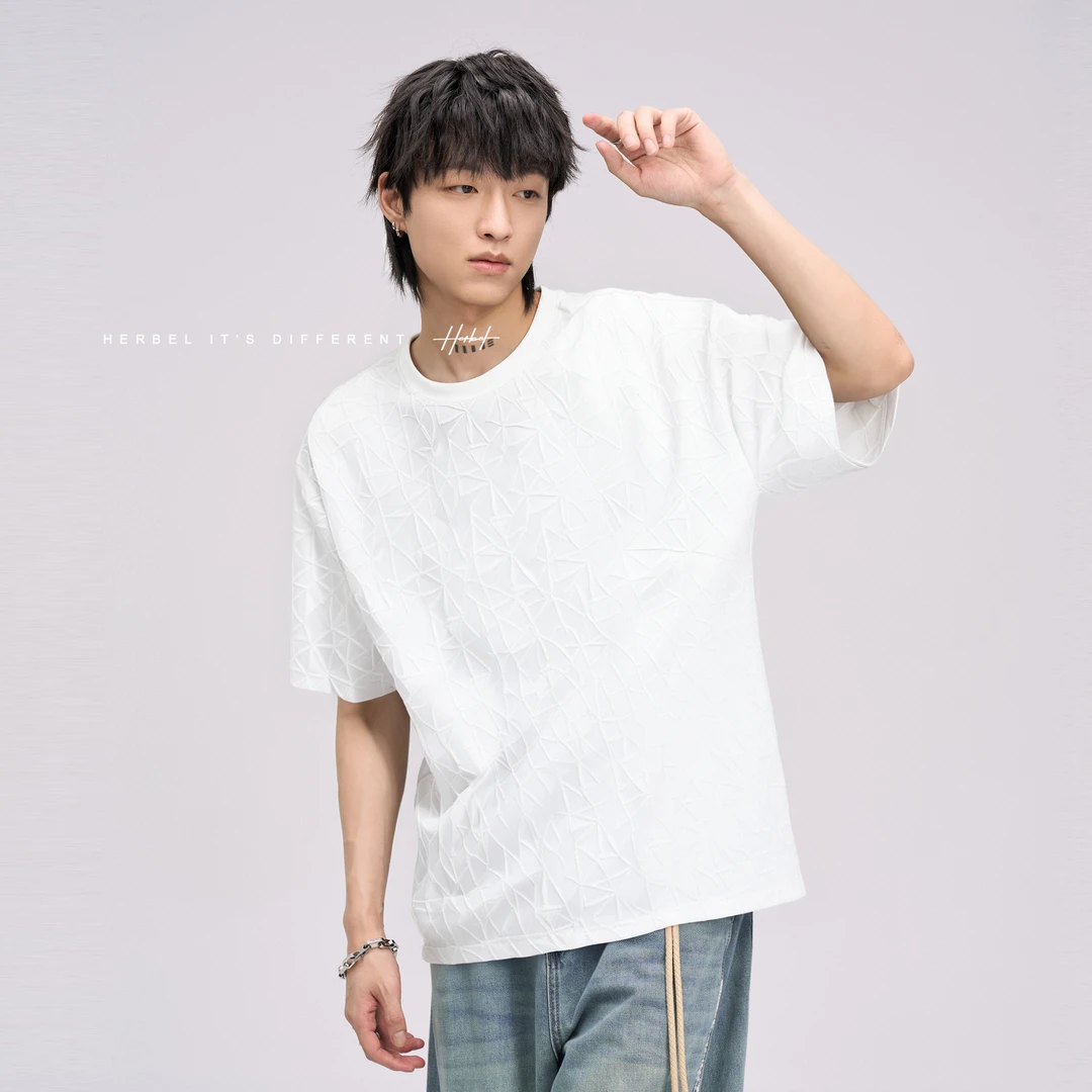 HERBEL/黑白2025夏季新款短袖t恤白色休男士白色圆领短袖T恤