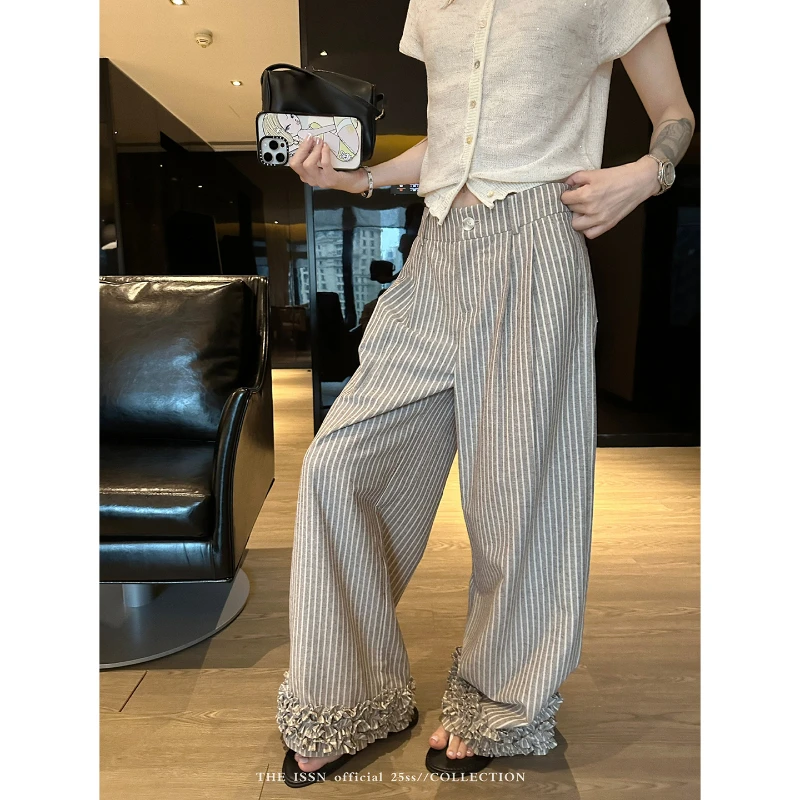 THEISSN宁司 卡其条纹休闲长裤夏季新款宽松显瘦阔腿裤 01092