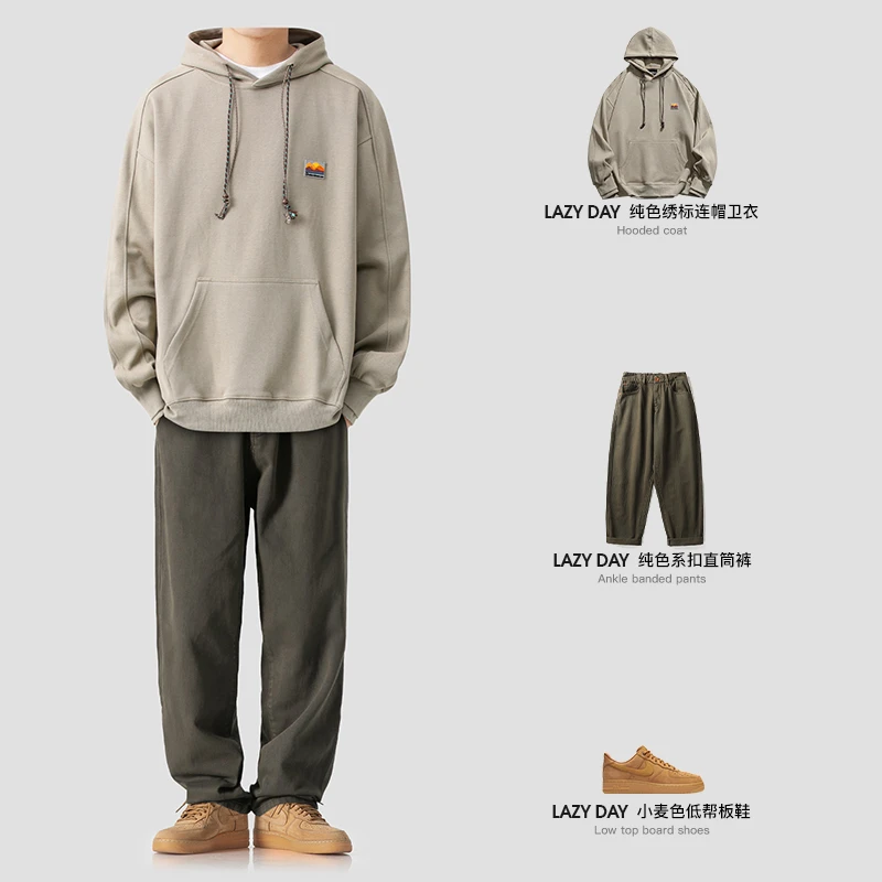LAZY DAY原创男装穿搭一整套日系户外贴标连帽卫衣男宽松休闲外套