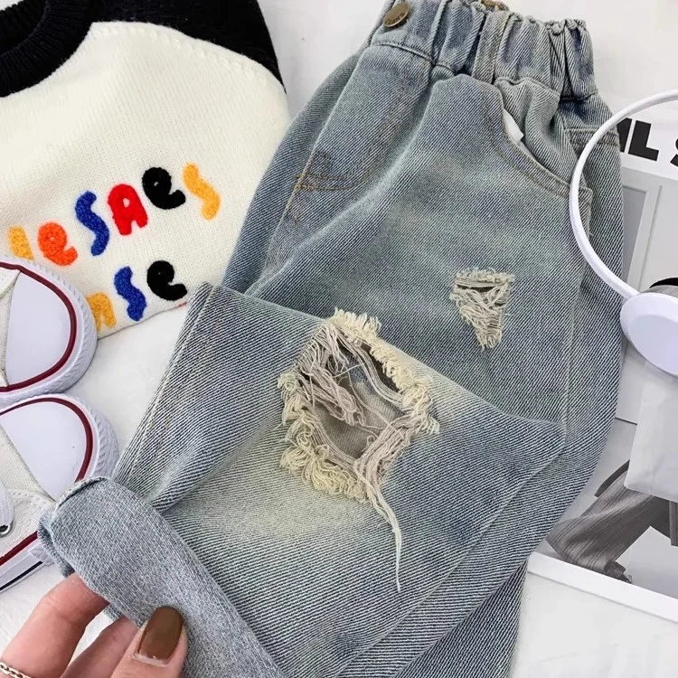 儿童破洞牛仔裤春秋款男童痞帅乞丐裤子中小童宝宝时尚休闲直筒裤