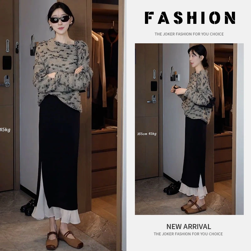 早春一整套女装2025新款韩版慵懒风简约毛衣包臀开衩半身裙两件套