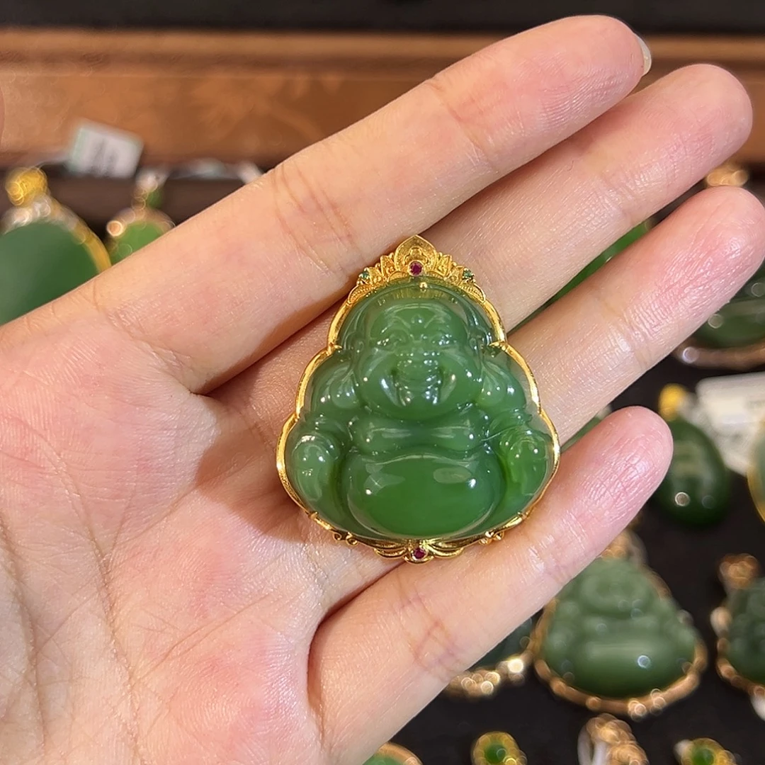 和田玉（碧玉）18K金镶嵌吊坠(不含链)