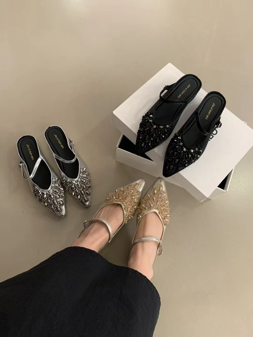 法式气质内增高爆款水钻一字带包头拖高级感软底时尚百搭尖头半拖