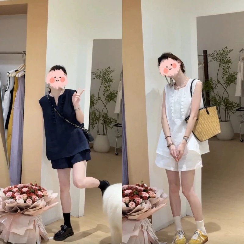 L & L 云云【慢漫套装】韩系休闲显瘦宽松时尚百搭设计感无袖两件套