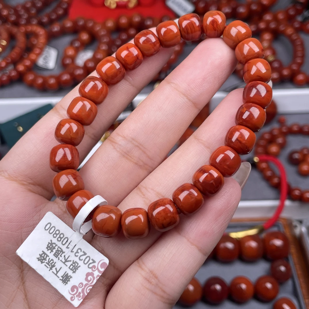 全品原矿）8.5mm瓦西柿子红 满肉虎皮火焰 老型天然南红手串