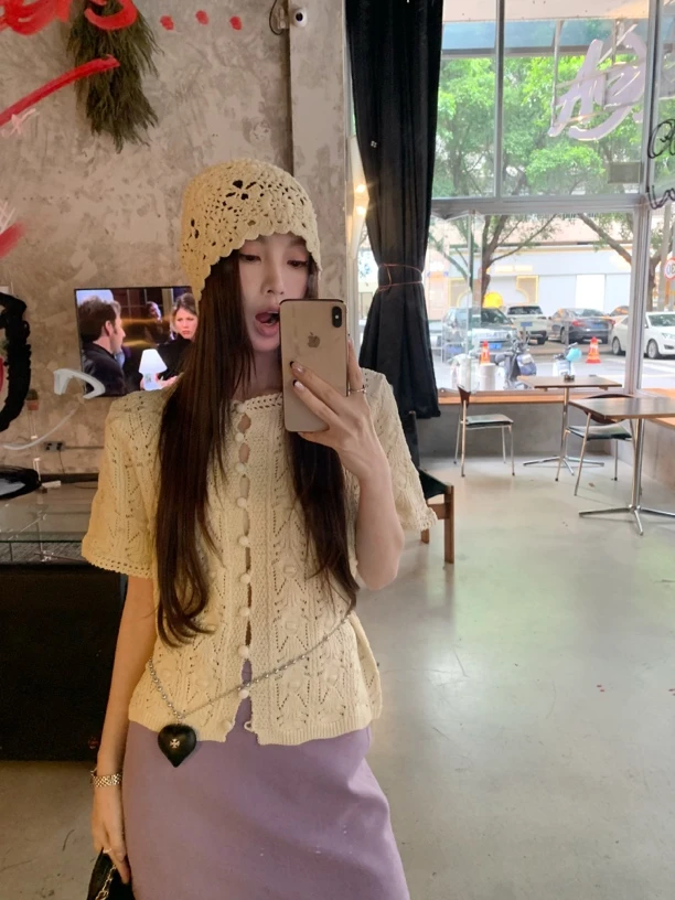 桂花奶芙～韩系简约镂空短袖毛衣复古毛衣小众设计感气质