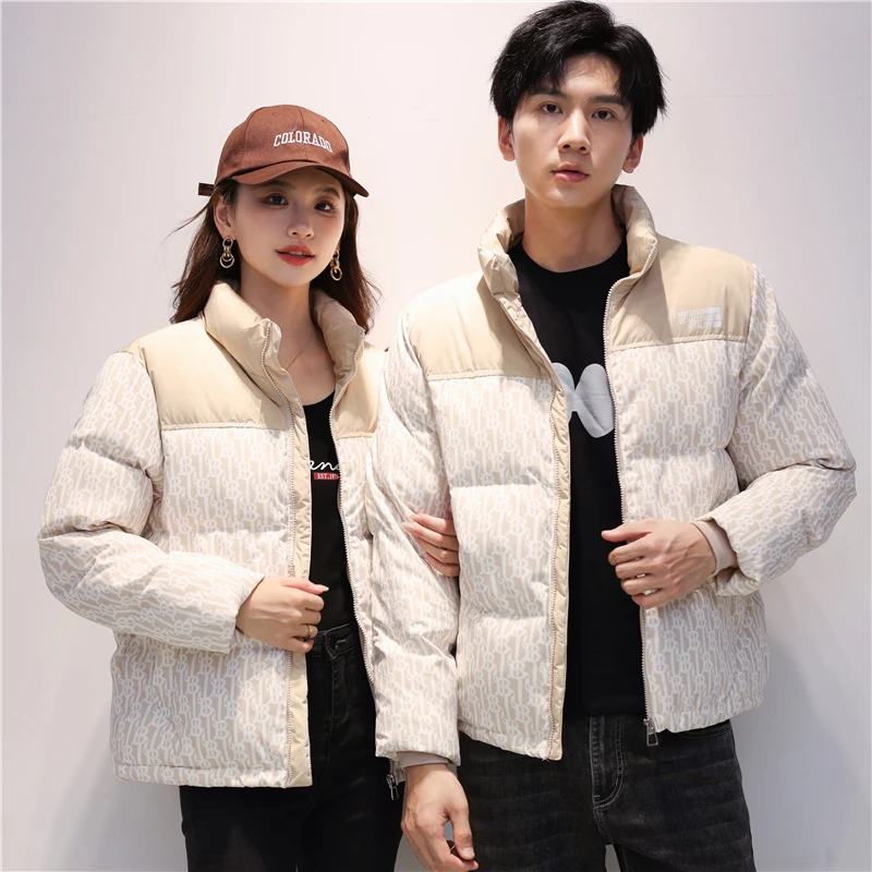 1情侣羽绒服2024新款冬季宽松保暖男女同款面包服加厚拼接外套