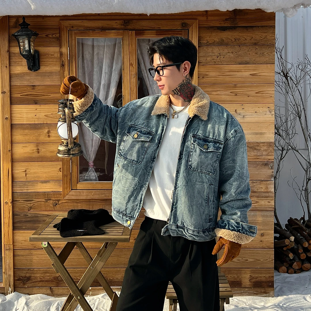 OXFREAK「水洗闪电纹」工装牛仔棉服男冬季加绒加厚保暖翻领外套