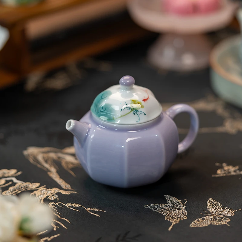 黛紫色鱼戏莲蓬茶壶陶瓷手绘茶具家用中式单壶球孔泡茶器
