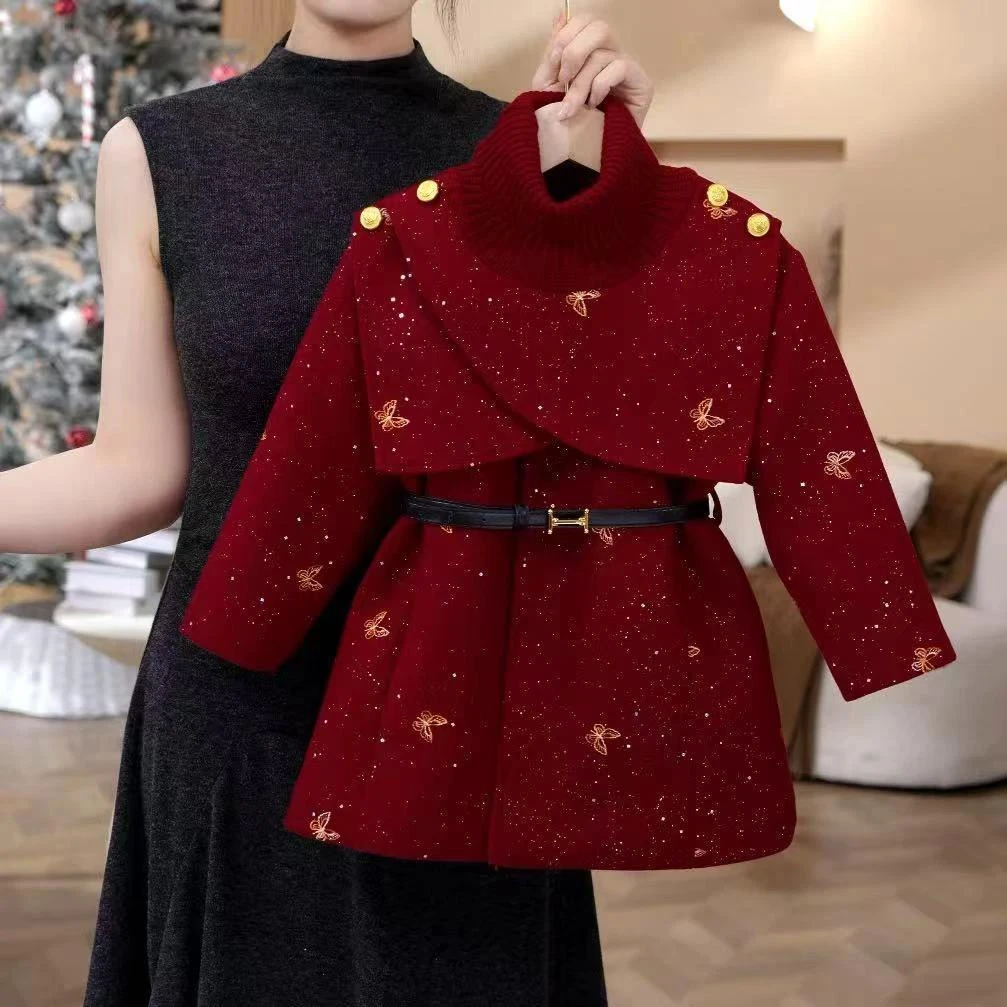 女童拜年服冬季毛呢大衣2026新年装加绒保暖刺绣披肩时尚洋气外套