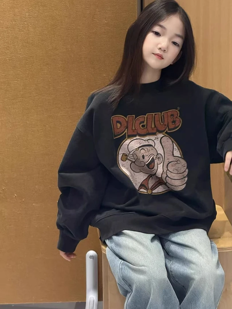 花田涧BORAQIN原创韩版童装2025冬儿童加绒卡通纯色校园长袖卫衣