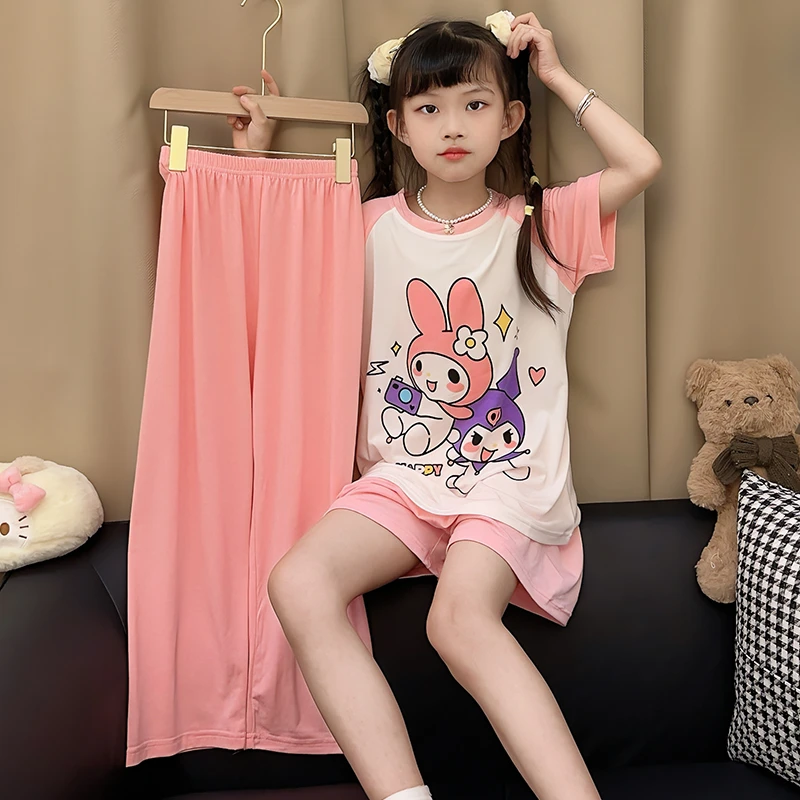 三件套儿童睡衣女童夏季莫代尔短袖卡通可爱甜美中大童女孩家居服