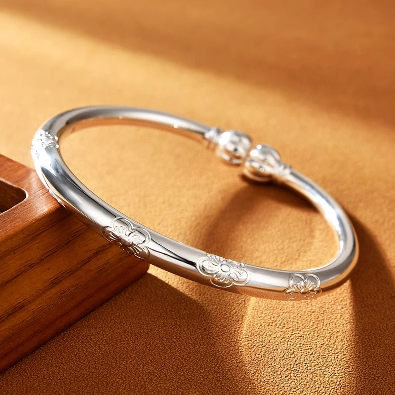 足银手镯 梅花银手镯女9999纯银光面开口实心多福南瓜头风足银