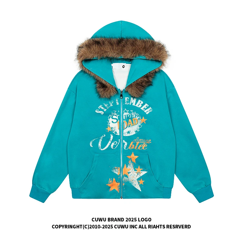 cuwu美式复古字母星星印花毛领连帽卫衣女男秋季宽松街头开衫外套