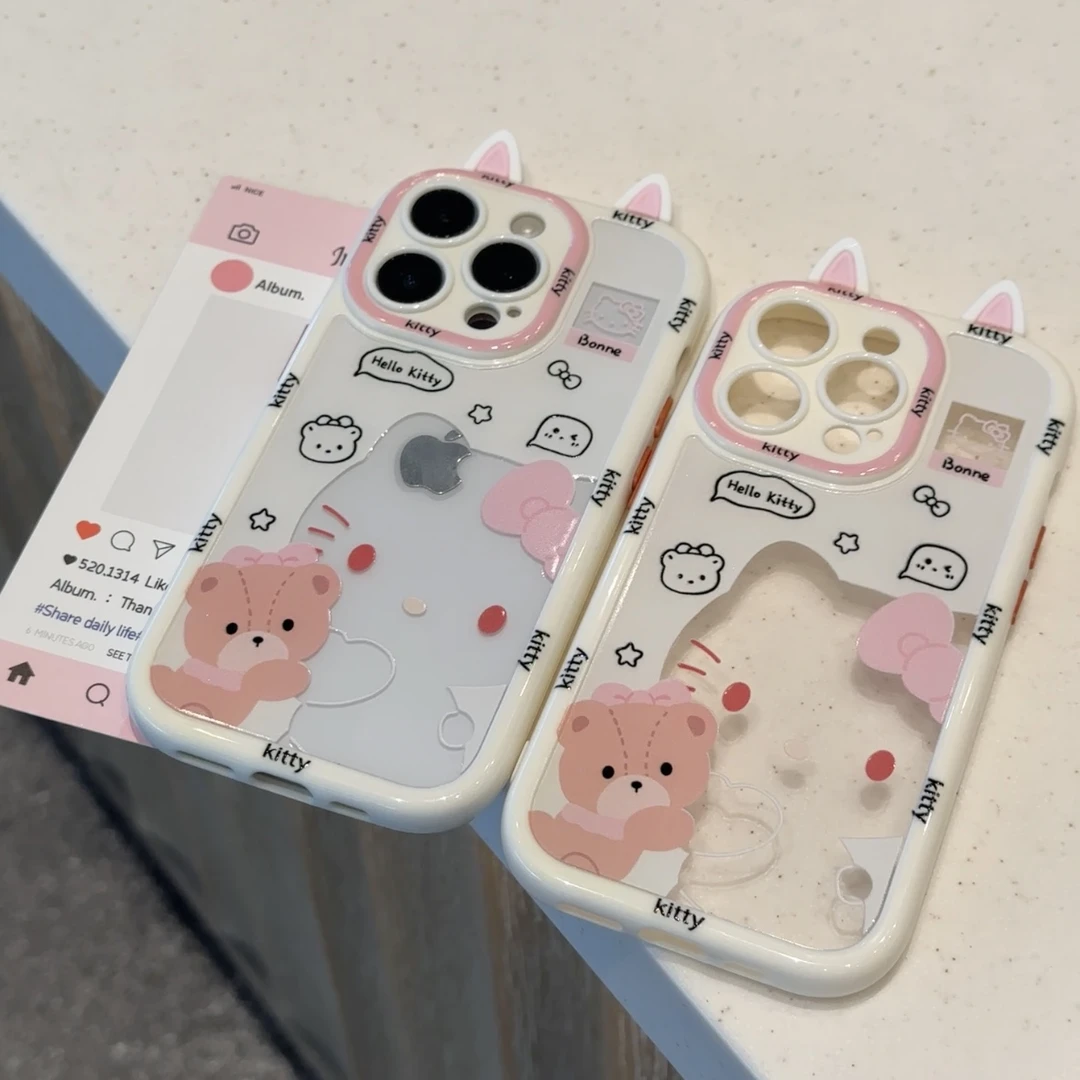 奥菲顿立体猫耳抱熊kt适用iPhone16奶油手机壳华为vivo小米15oppo
