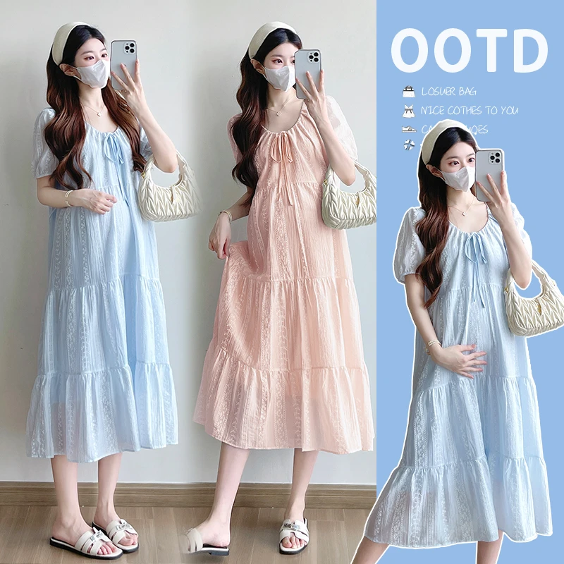 2025新款孕妇装夏季韩版简约时尚宽松显瘦连衣裙中长款大码气质