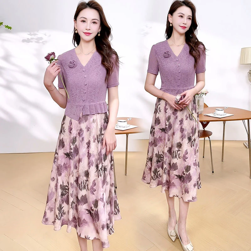 2025年夏季爆款高端洋气优雅假两件印花连衣裙女漂亮别致显瘦裙子