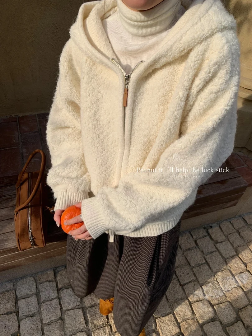 BQ韩系百搭加厚保暖圈圈毛纱连帽毛衣外套女冬季新款宽松休闲上衣