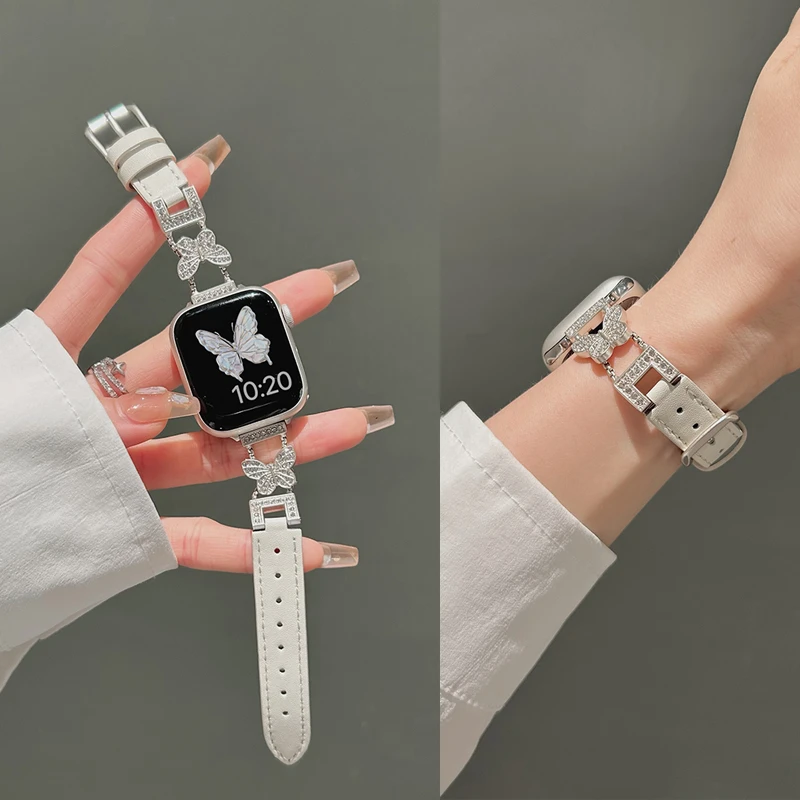 适用苹果s10手表带iwatch9金属蝴蝶s8拼皮表带7/6/5/4se代小众女