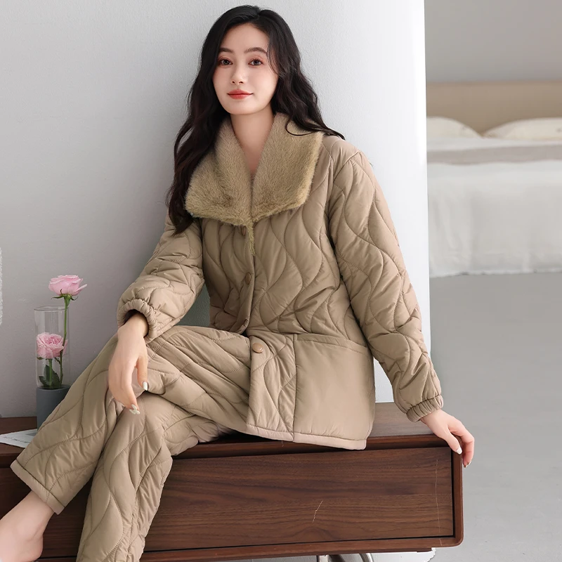 芬腾可安三层夹棉厚棉袄女加绒家居服保暖加厚睡衣舒适套装可外穿