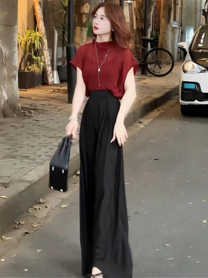 M177 时尚气质套装女夏季新款轻薄冰丝上衣高腰阔腿裤显瘦两件套