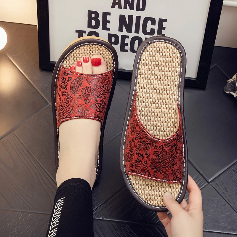 中式亚麻印花凉拖鞋女夏季情侣家居室内地板防滑软底家用皮拖鞋男