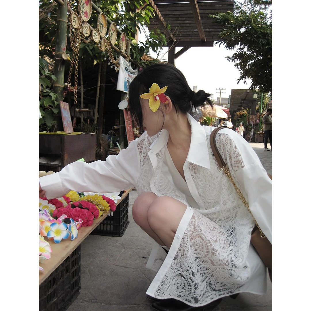 老钱风松弛感女装贵气K白色镂空蕾丝拼接设计百搭宽松显瘦长袖衬