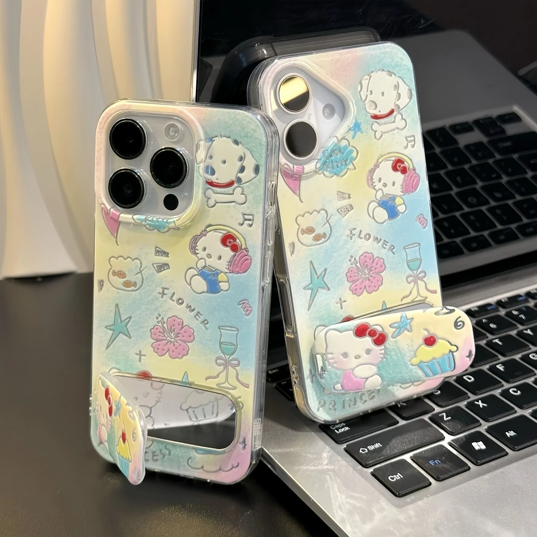 彩色耳机kitty镜面支架适用苹果16/15手机壳vivo华为oppo小米15套