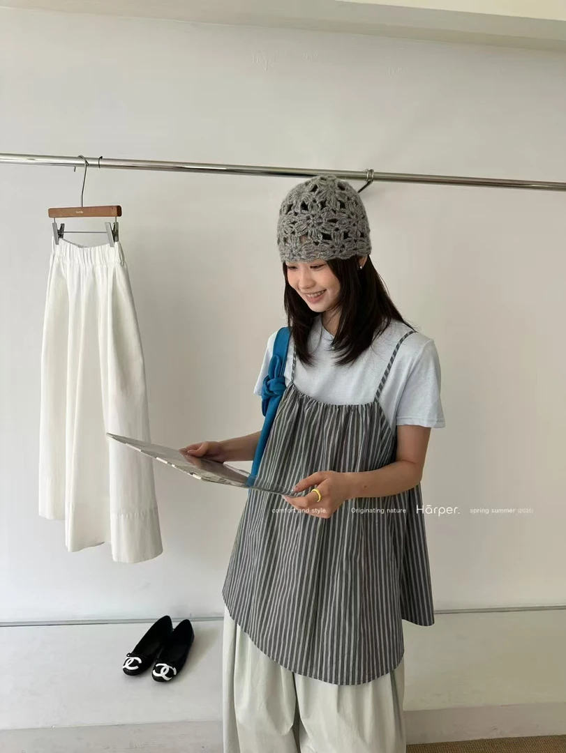 25韩系简约慵懒风条纹吊带短袖两件套 甜美减龄短袖T恤吊带背心