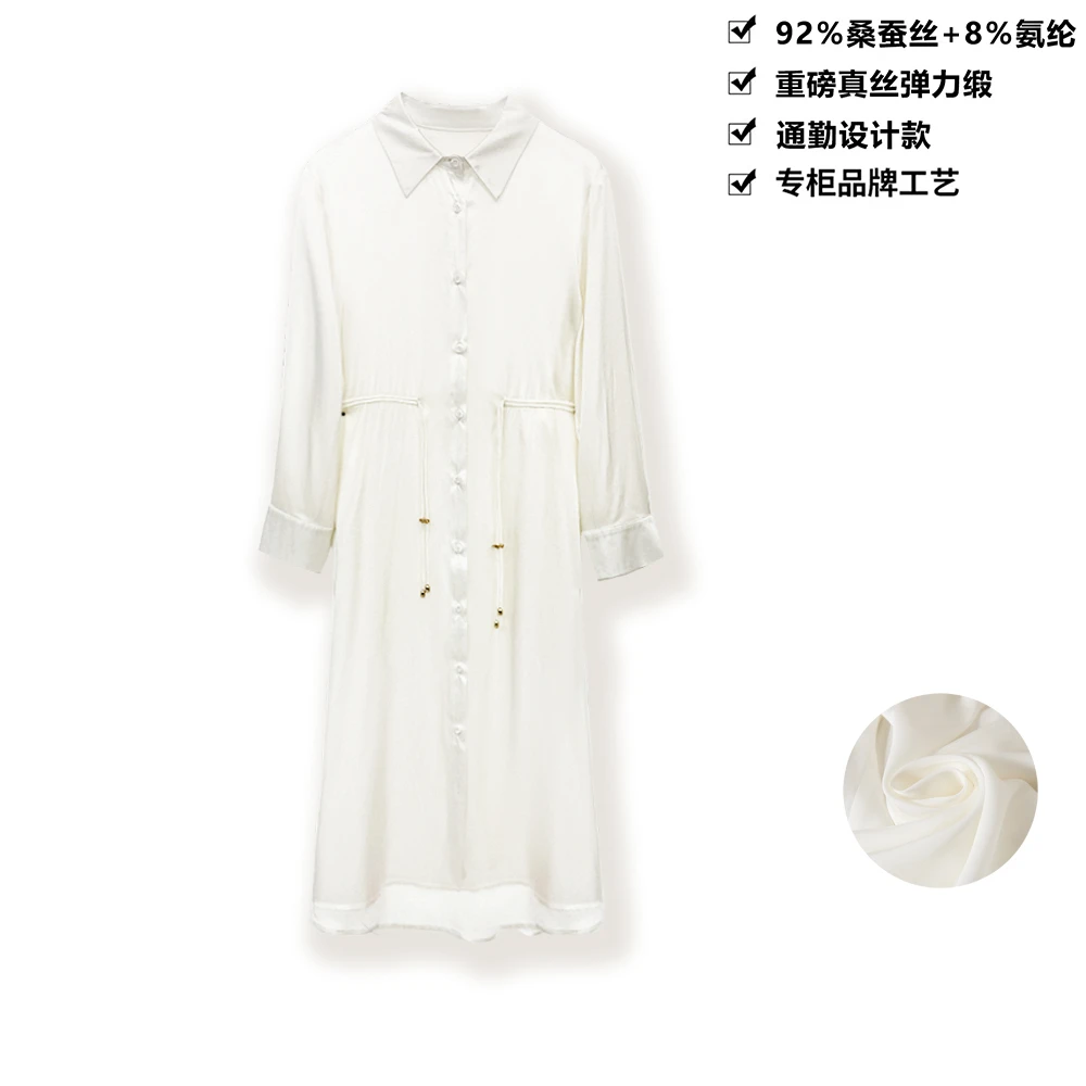 19姆米桑蚕丝弹力缎高级感收腰通勤翻领简约连衣裙LYQ11