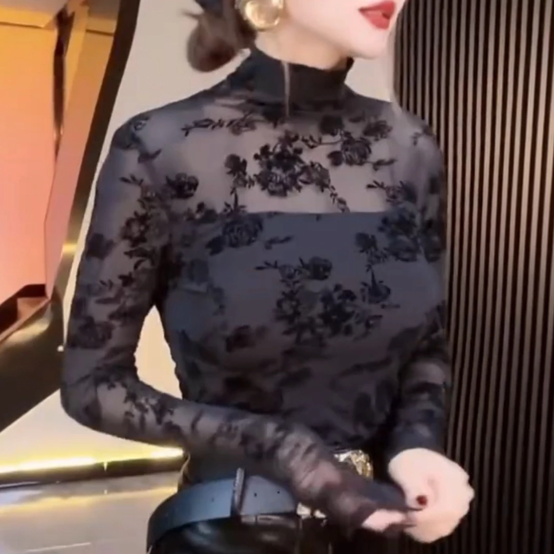 秋冬半高领蕾丝女款性感微透长袖打底衫内搭上衣小衫