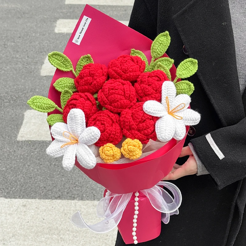 情人节广志送美伢的同款花束成品手工编织毛线花创意仿真花送女友