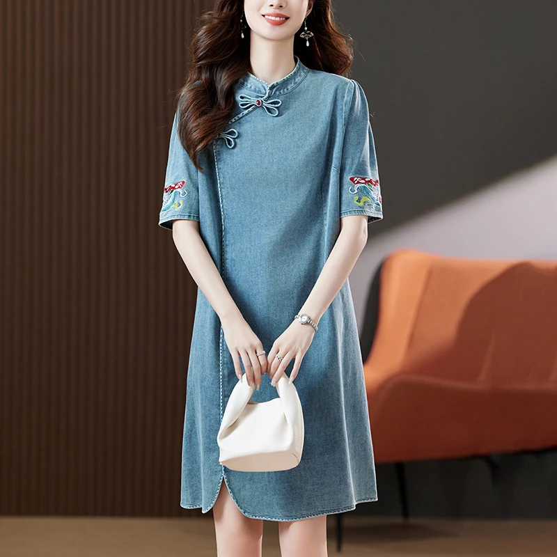短袖牛仔连衣裙2025新款女夏季新中式轻国风大码欧货休闲直筒裙子