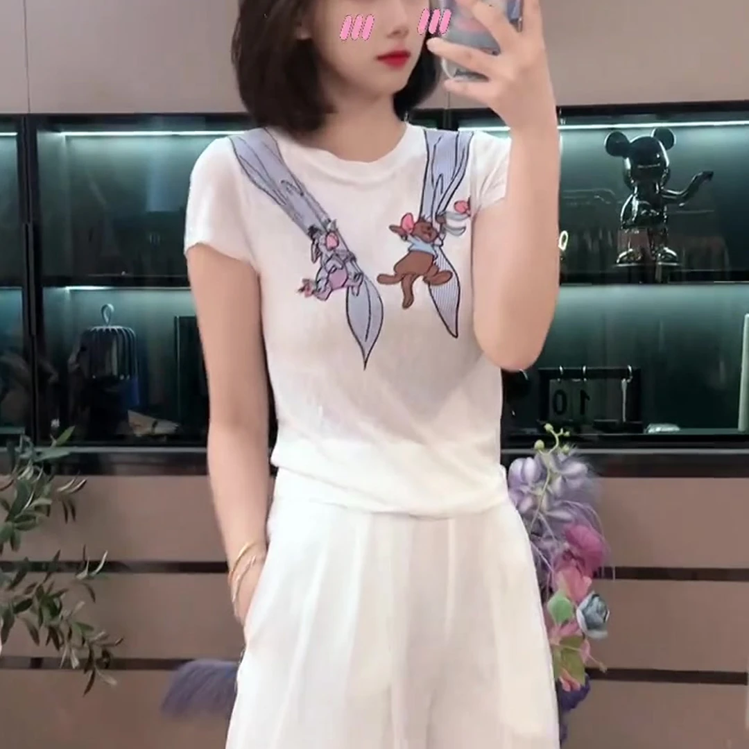 立体披肩印花T天丝亚麻短袖上衣简约百搭流行圆领短袖T恤休闲上衣