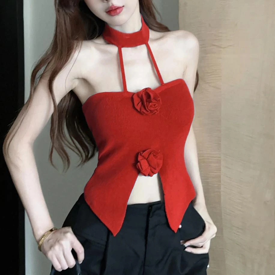 无袖多巴胺针织衫挂脖吊带背心纯色立体花朵辣妹露肩女上衣