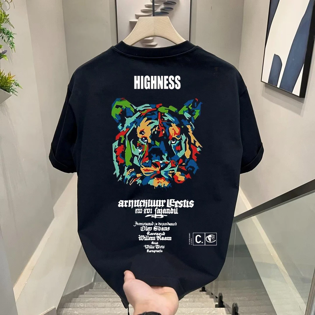 潮牌老虎头印花高档短袖t恤男士2025年新款夏季网红纯棉半袖国潮