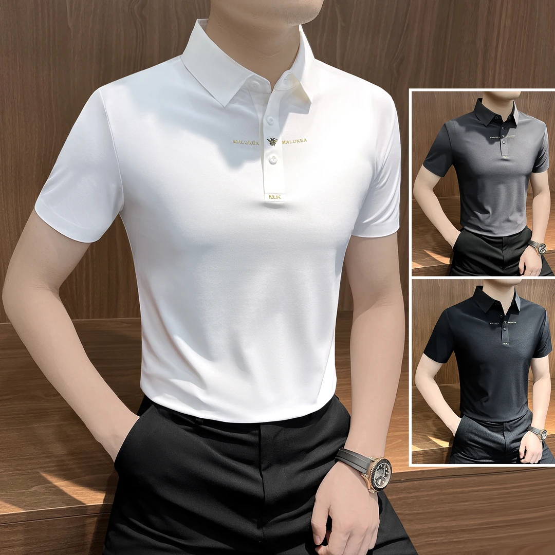 刺绣polo衫男款秋季薄款冰丝无痕弹力男装高级感商务男士t恤短袖