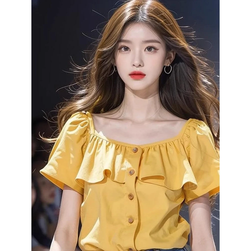 韩版超仙芒果黄夏季短袖衬衫方领泡泡袖绝美荷叶边上衣时尚气质