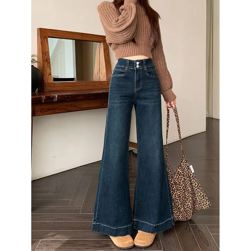 HTKD潮流新款阔腿牛仔裤怀旧蓝2025年春季高腰百搭宽松拖地裤弹力