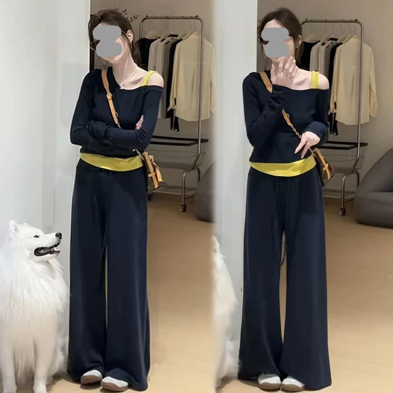 休闲套装早秋韩系新品设计显瘦露洋气肩上两件斜肩两件套外搭