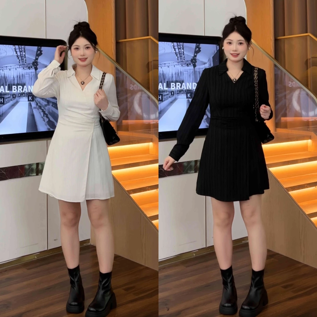 （现现款）周周微胖定制【DM383】遮肚气质显瘦藏肉长袖连衣裙