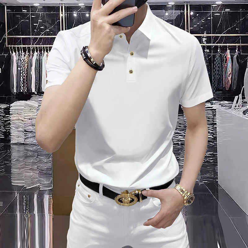夏季新款男士纯色POLO衫短袖修身薄款百搭弹力透气休闲翻领T恤