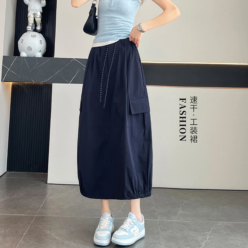 美式冰丝速干工装半身裙女夏薄款2025新款高腰a字开叉中长款裙子