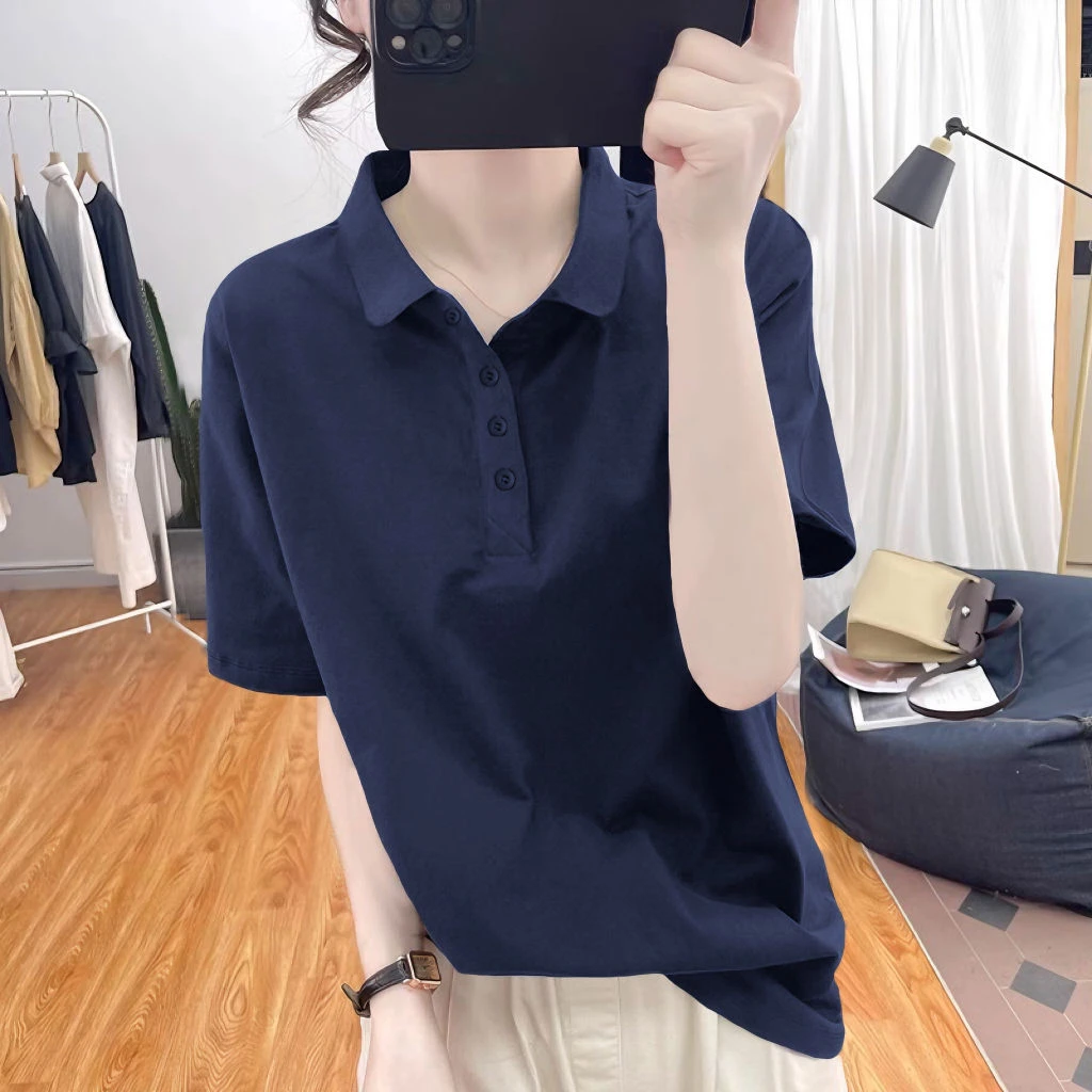 品牌折扣专柜polo领短袖T恤女夏季复古文艺体恤胖mm大码宽松上衣