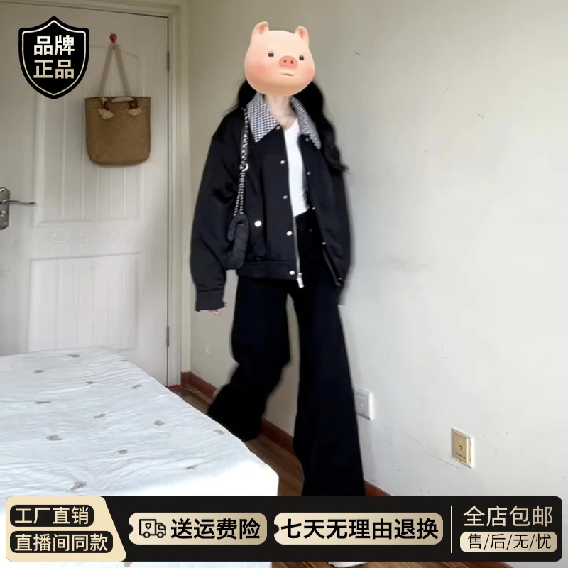 外套女美式拼接翻领黑色深秋夹棉秋季2025新款开秋穿搭夹克棒球服