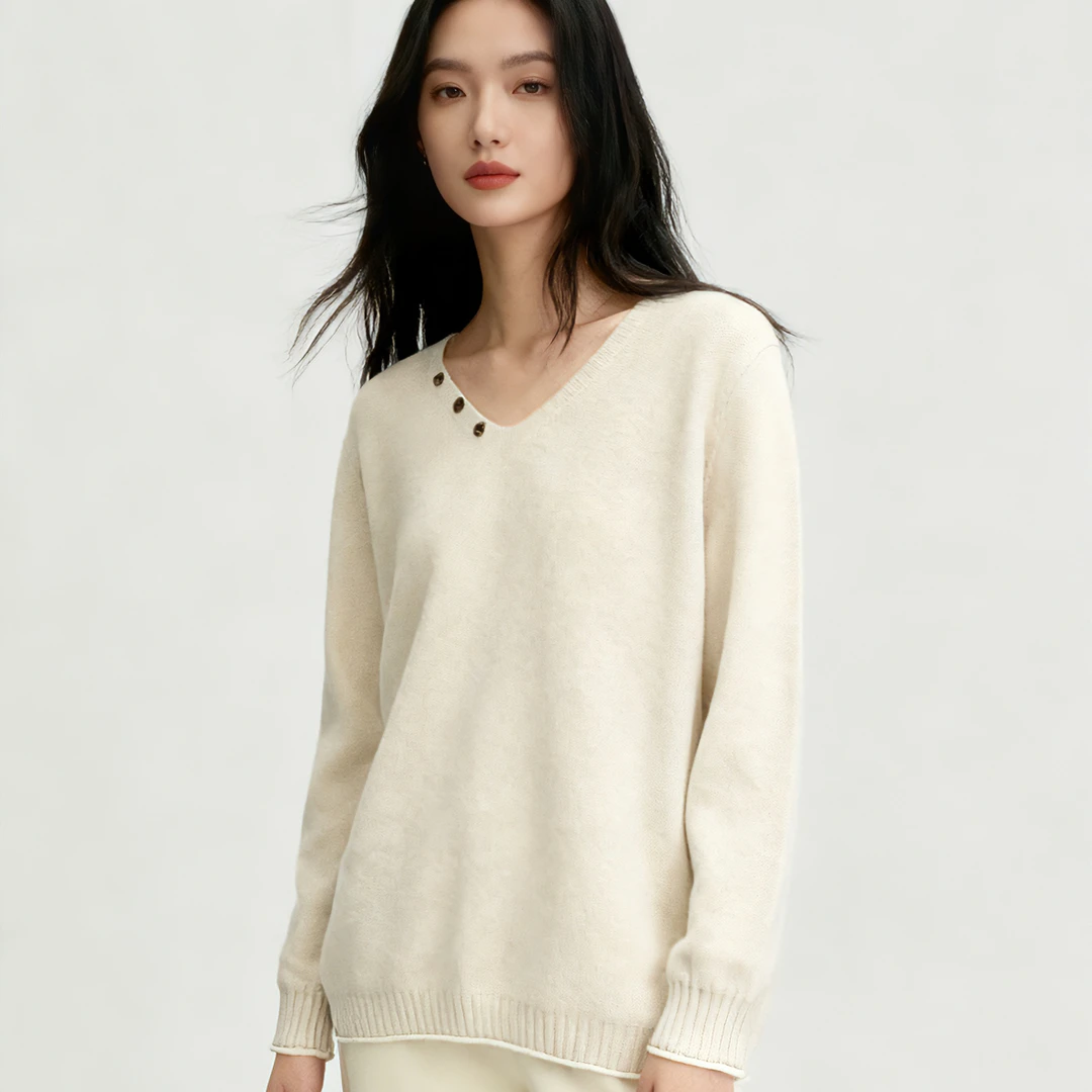 V领落肩袖针织不起球女毛针织衫秋冬纯色休闲针织衫