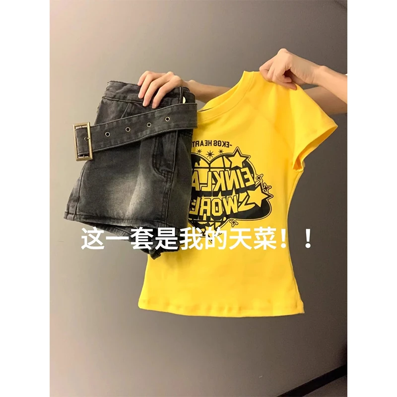 夏装搭配一整套辣妹套装休闲炸街短袖T恤牛仔短裤韩剧穿搭两件套