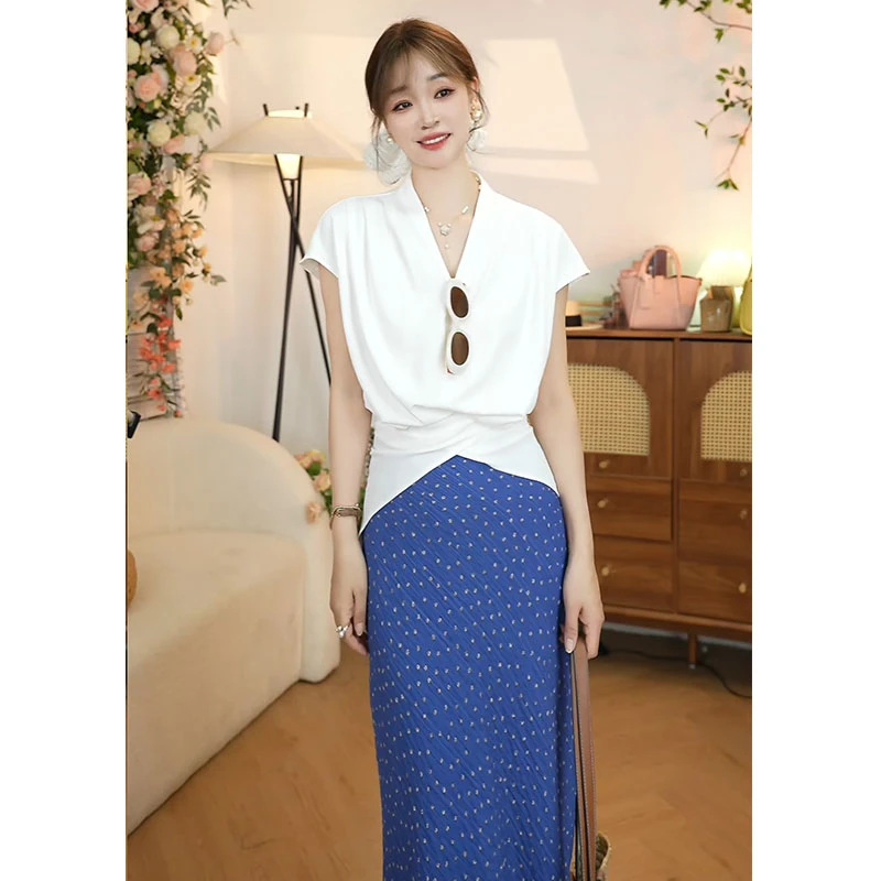 【白色V领不规则绑带短袖】小众款显瘦设计感收腰系带短款轻熟衬衫